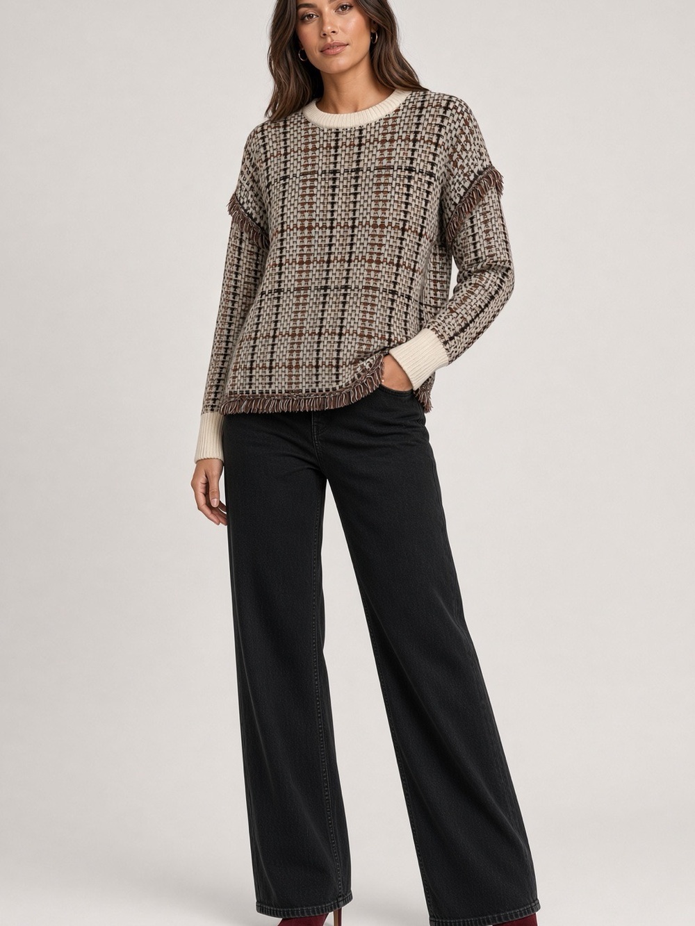 DKNY Basketweave Sweater with Fringe